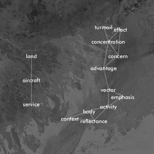 A grayscale satellite image of a wintery coastline, with words overlaid. A few of the words are: 'mobilization', 'crystallography', 'site', 'memory'