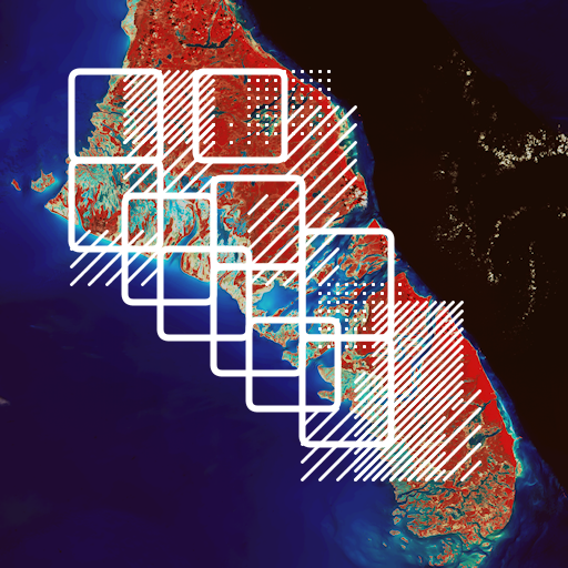 A false colour satellite image of a tropical island, with bright red vegetation and a dark blue ocean, with bright white rectangles, stripes, and dots overlaid