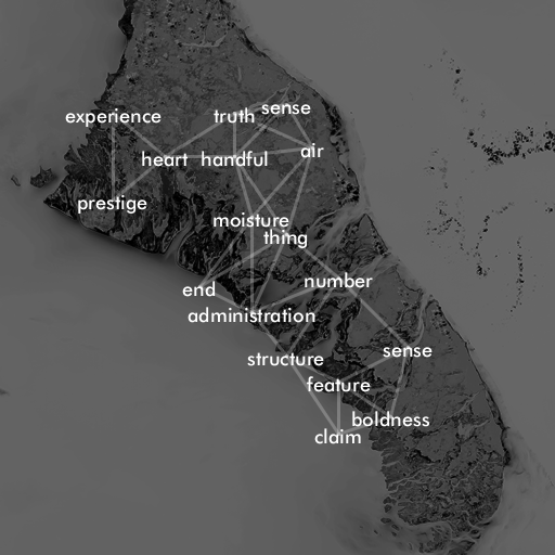 A grayscale satellite image of a tropical island, with words overlaid. A few of the words are: 'heart', 'prestige', 'administration', 'structure'