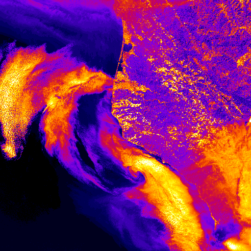 A false colour satellite image of a coastline, with overhanging clouds of smoke, in shades of bright orange, purple, and pink