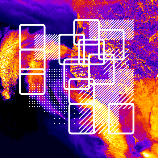 A false colour satellite image of a coastline, with bright white rectangles, stripes, and dots overlaid