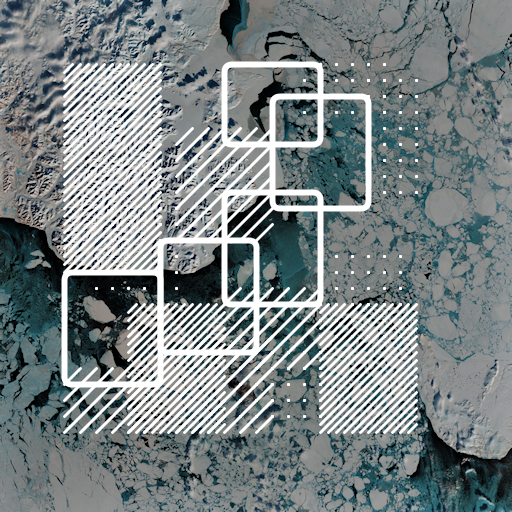 A satellite image of large ice floes, with bright white rectangles, stripes, and dots overlaid