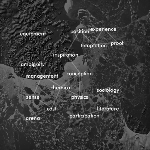 A grayscale satellite image of large ice floes, with words overlaid. A few of the words are: 'equipment', 'chemical', 'experience', 'sense'