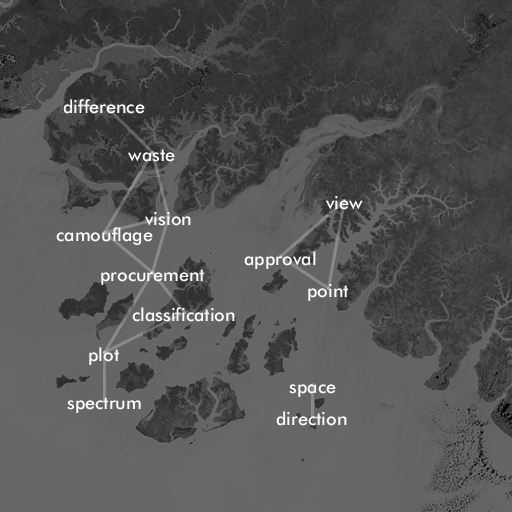 A grayscale satellite image of a coastal region, with words overlaid. A few of the words are: 'procurement', 'classification', 'plot', 'spectrum