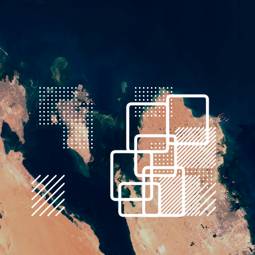 A satellite image of desert coastal peninsulas and islands, golden sands and a light blue ocean, with bright white rectangles, stripes, and dots overlaid