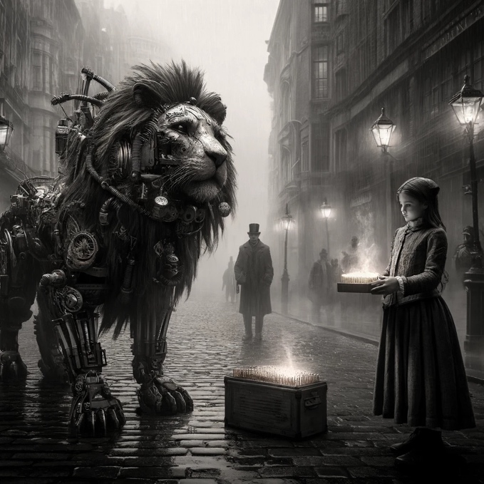 A black and white photograph of a steampunk lion wandering the streets of London on a rainy day during the reign of Queen Victoria as a young girl selling matches tries to sell enough matchboxes to buy dinner.