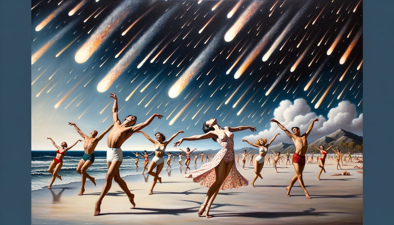 DALL•E 3 generated image of people dancing on a beach under a meteor-infused sky.