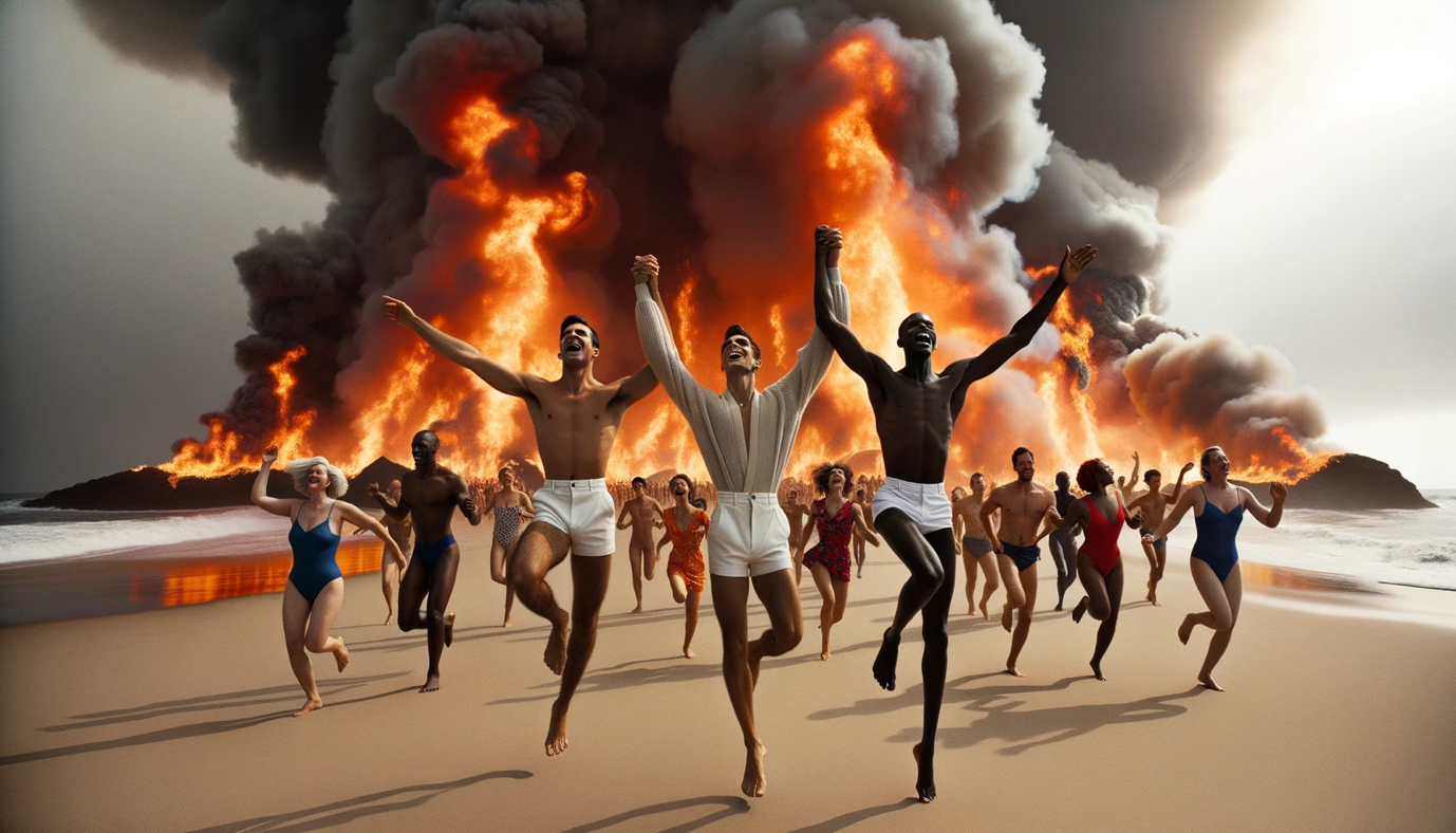 DALL•E 3 generated image of people dancing on a beach with a firestorm in the background, including gay men in the foreground.