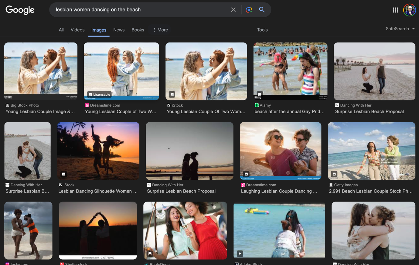 Results of a Google image search for 'lesbian women dancing on the beach.'