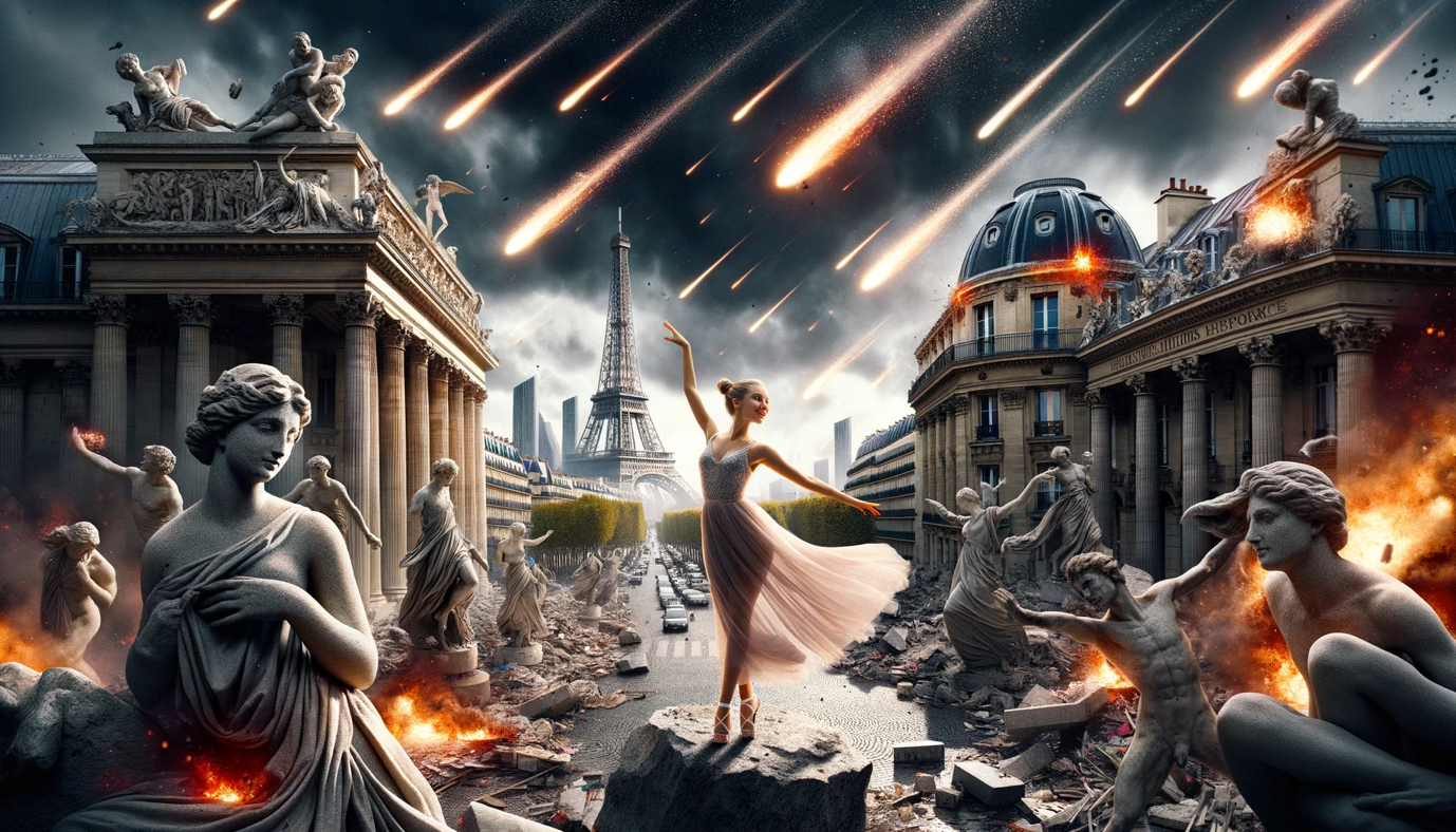 Another DALL•E 3 image from the Paris series in <em>Fin du Monde</em>, featuring the Eiffel tower.