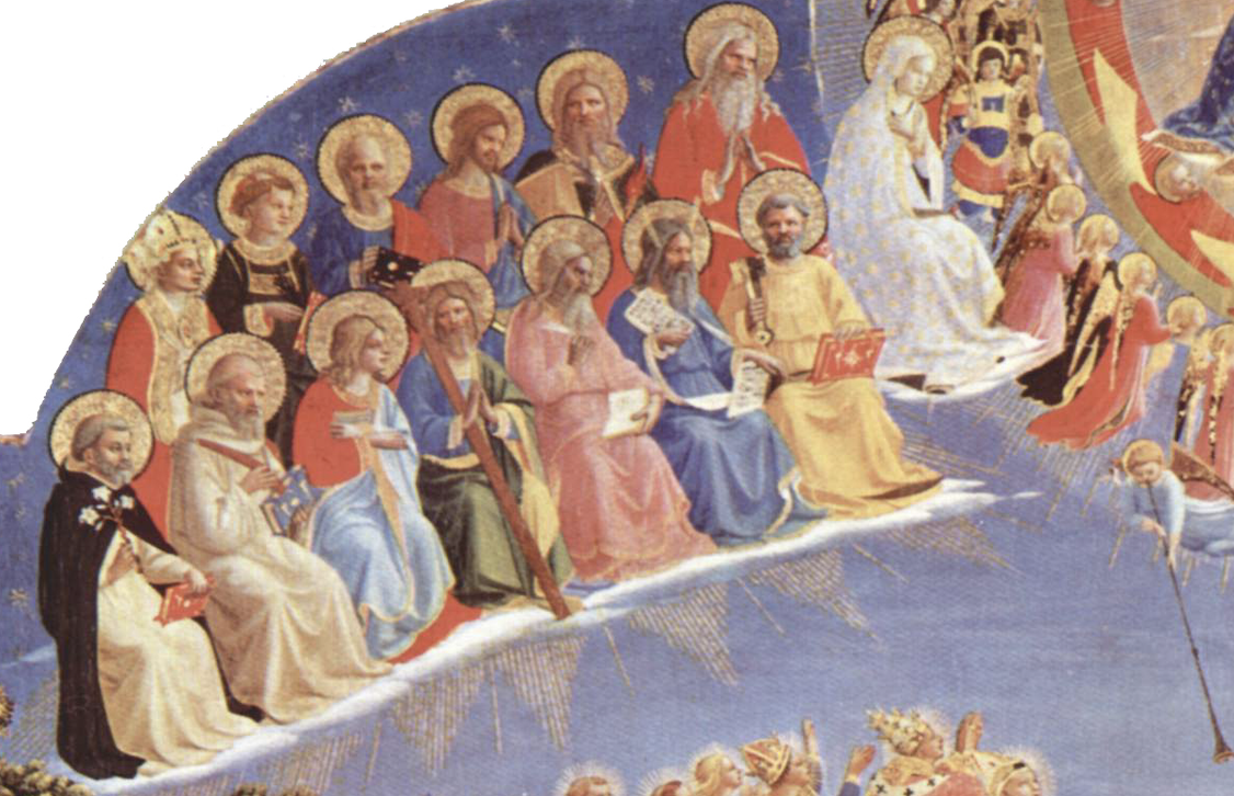 Individual apostles and saints in the painting are recognizable by their dress and objects they carry, which reference aspects of their life stories and/or martyrdom.