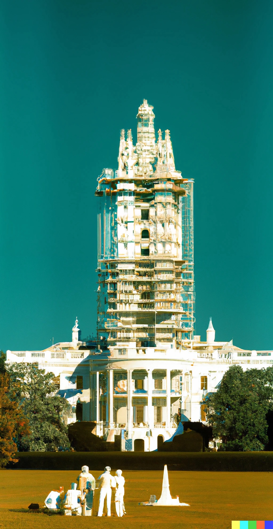 Image from <em>Republicans in Love</em>: Republicans in love renovate the White House, in the style of Gaudi's Sagrada Familia, view from the East Lawn, photo by Andy Warhol.