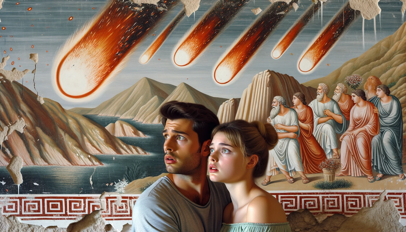 Closeup photograph of a young couple, their expressions filled with a mixture of wonder and concern as they study the detailed frescos of ancient Greek ruins. The backdrop features the Greek island mountains ablaze with multiple impact fires.