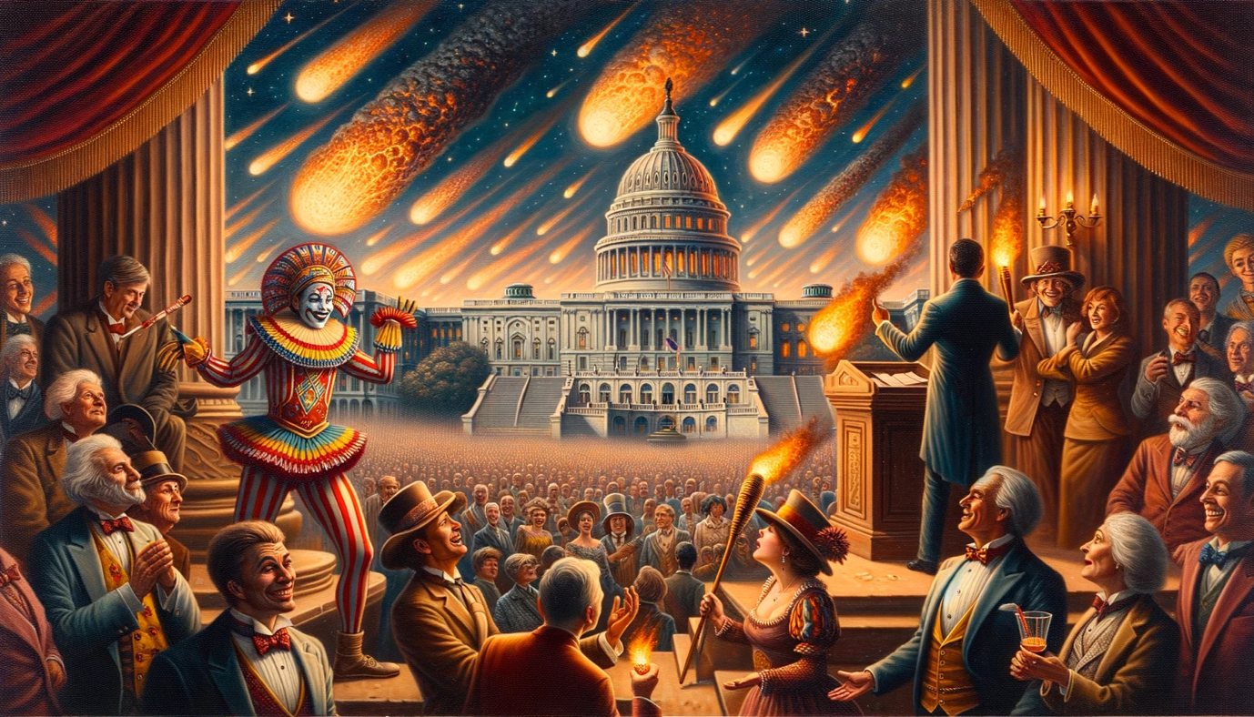 Image from the Washington DC series in <em>Fin du Monde</em>, of politicians and jesters gathered in front of the meteor storm, intended to evoke the worm nostalgia of Norman Rockwell's Americana. Note: while in the current version of DALL•E 3 I could not directly reference Norman Rockwell in the prompt, I asked ChatGPT to describe Norman Rockwell’s style, and then included that description of the style in the prompt.