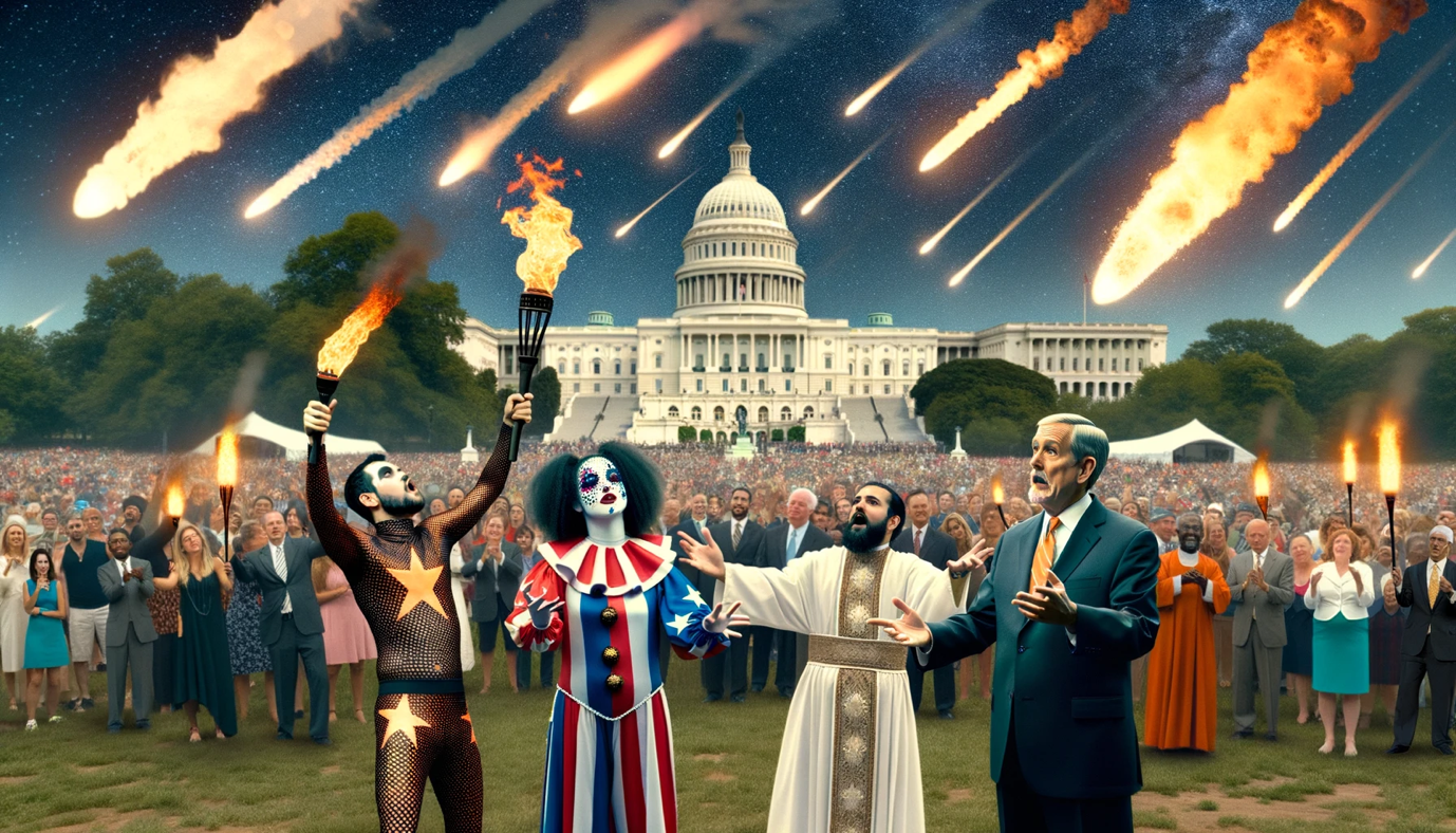 Image from the Washington DC series in <em>Fin du Monde</em> in the style of a photo mimicking CSPAN video footage with a diverse group of harlequins and preachers at the US Capitol while the meteors rain down.