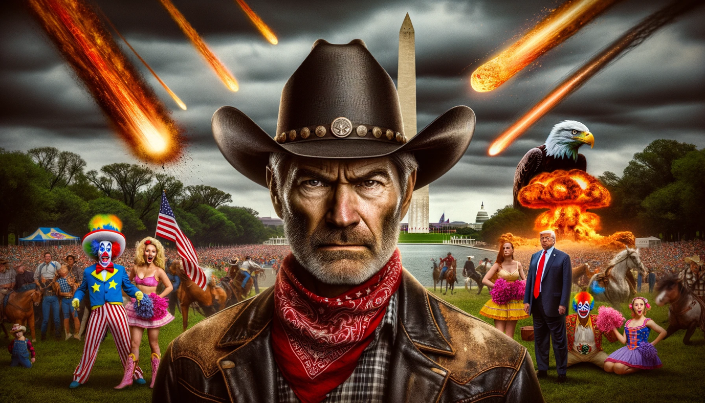 Image from the Washington DC series in <em>Fin du Monde</em> resulting from the prompt 'Harshly realistic and ominous photo near the Washington Monument, focusing intently on a rugged cowboy with a stern expression. The surrounding scene includes spirited cheerleaders, a politician with a bald eagle on his arm, rodeo clowns in colorful attire, and the fiery aftermath of meteor impacts.'